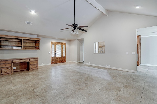 6109 Rayburn Ct, Fort Worth, TX 76133 - unfurnished living room with ceiling fan, recessed lighting, beamed ceiling, high vaulted ceiling, and baseboards