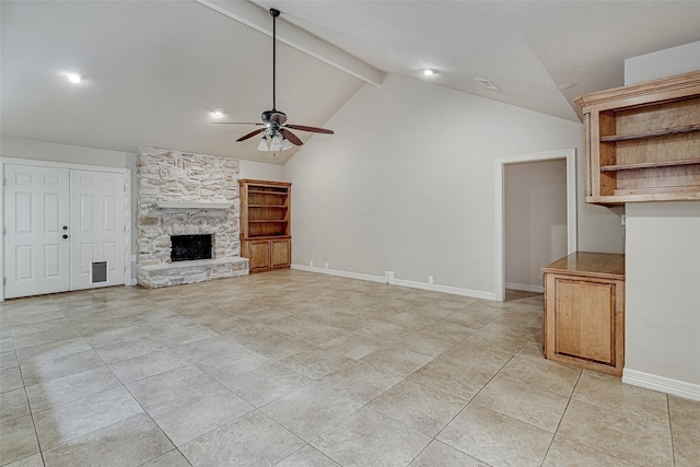 6109 Rayburn Ct, Fort Worth, TX 76133 - unfurnished living room featuring ceiling fan, a fireplace, light tile patterned floors, and baseboards
