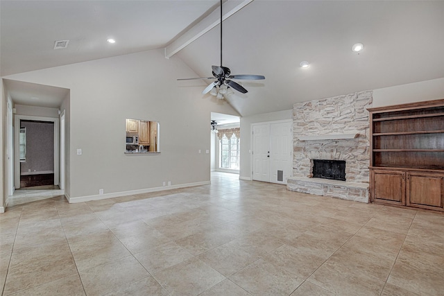 6109 Rayburn Ct, Fort Worth, TX 76133 - unfurnished living room featuring ceiling fan, a stone fireplace, high vaulted ceiling, beam ceiling, and baseboards
