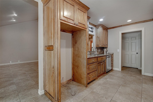 6109 Rayburn Ct, Fort Worth, TX 76133 - kitchen with light stone countertops, stainless steel dishwasher, a sink, light tile patterned floors, and recessed lighting