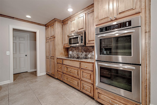 6109 Rayburn Ct, Fort Worth, TX 76133 - kitchen featuring appliances with stainless steel finishes, light tile patterned floors, baseboards, decorative backsplash, and recessed lighting