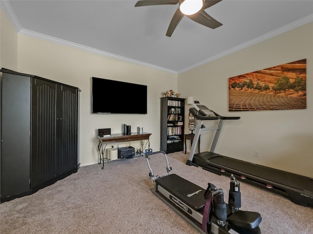 4305 Diplomacy Dr, Rowlett, TX 75089 - exercise area featuring carpet, crown molding, and a ceiling fan