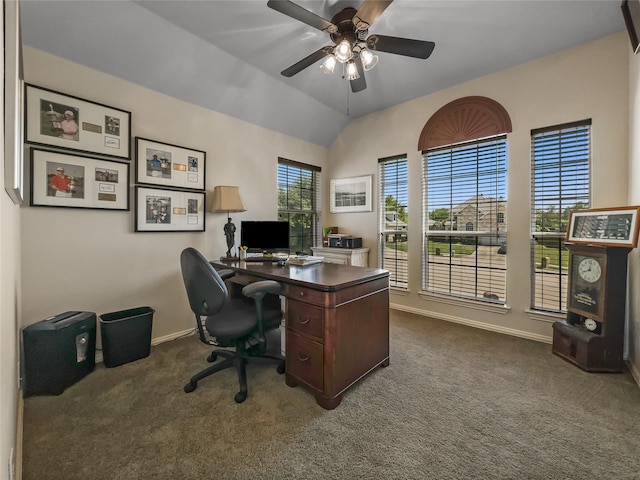 4305 Diplomacy Dr, Rowlett, TX 75089 - office space with dark colored carpet, ceiling fan, baseboards, and lofted ceiling