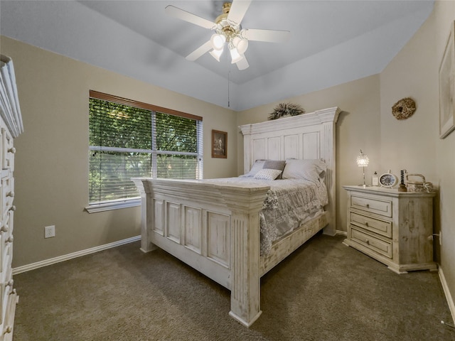 4305 Diplomacy Dr, Rowlett, TX 75089 - bedroom with dark colored carpet, baseboards, and a ceiling fan