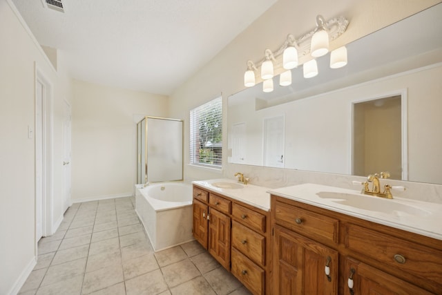 1086 Whispering Gln, Rockwall, TX 75087 - full bath featuring a shower stall, a bath, double vanity, and tile patterned flooring