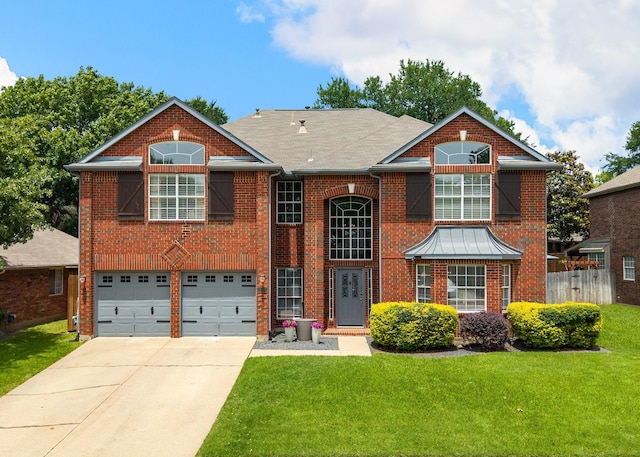 view of front of house with concrete driveway, a garage, and brick siding