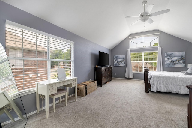 bedroom with vaulted ceiling, carpet flooring, a ceiling fan, and baseboards