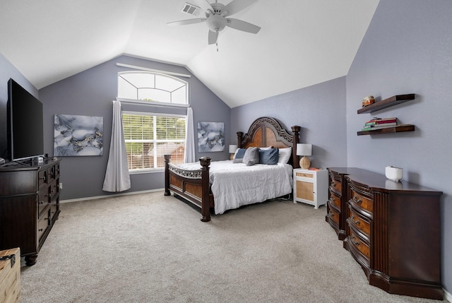 bedroom with vaulted ceiling, carpet floors, ceiling fan, and baseboards