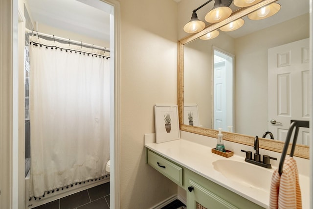 bathroom with tile patterned flooring, toilet, vanity, and shower / bathtub combination with curtain