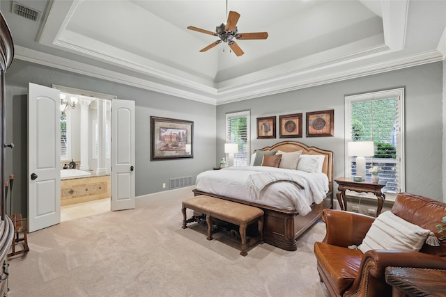 603 Comal Ct, Keller, TX 76248 - bedroom featuring a tray ceiling, multiple windows, light carpet, and ornamental molding