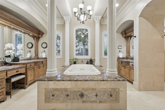603 Comal Ct, Keller, TX 76248 - full bathroom with decorative columns, ornamental molding, a garden tub, two vanities, and tile patterned floors
