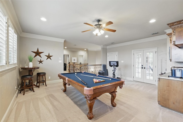 603 Comal Ct, Keller, TX 76248 - playroom with light colored carpet, billiards, recessed lighting, french doors, and crown molding