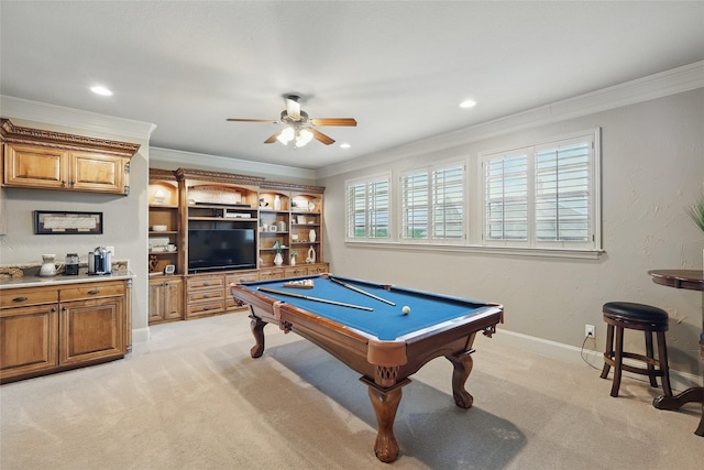 603 Comal Ct, Keller, TX 76248 - playroom with a ceiling fan, billiards table, light colored carpet, ornamental molding, and recessed lighting