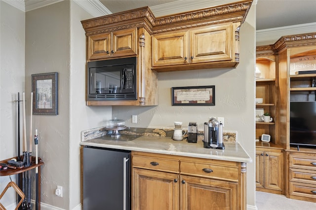 603 Comal Ct, Keller, TX 76248 - kitchen featuring black microwave, freestanding refrigerator, ornamental molding, baseboards, and light countertops