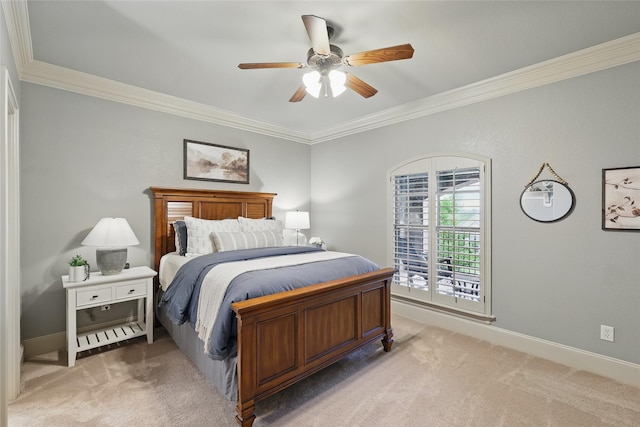 603 Comal Ct, Keller, TX 76248 - bedroom with light colored carpet, ornamental molding, baseboards, and a ceiling fan