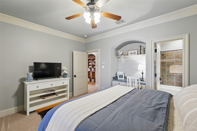 603 Comal Ct, Keller, TX 76248 - bedroom featuring ornamental molding, carpet, arched walkways, ceiling fan, and baseboards