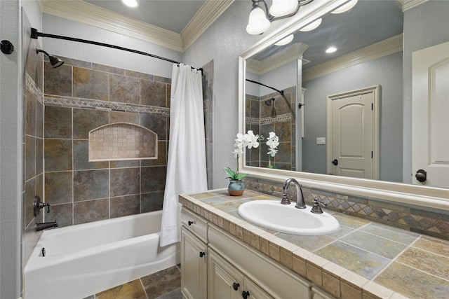 603 Comal Ct, Keller, TX 76248 - bathroom with ornamental molding, shower / tub combo with curtain, vanity, and stone finish floors