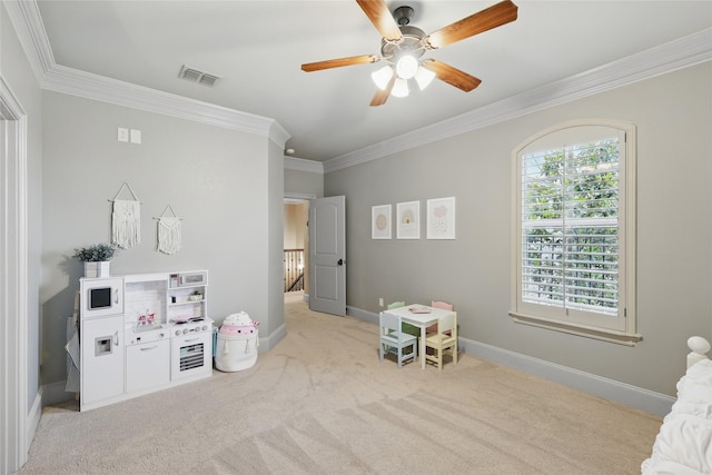 603 Comal Ct, Keller, TX 76248 - bedroom with ornamental molding, light carpet, baseboards, and ceiling fan
