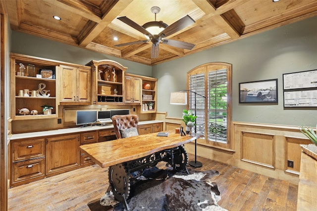 603 Comal Ct, Keller, TX 76248 - home office featuring light wood-style flooring, coffered ceiling, built in study area, a ceiling fan, and beam ceiling