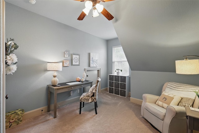 603 Comal Ct, Keller, TX 76248 - home office featuring carpet, a ceiling fan, vaulted ceiling, and baseboards
