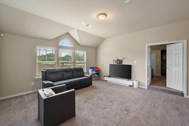 3449 Ava Dr, Midlothian, TX 76065 - carpeted living room featuring vaulted ceiling and baseboards