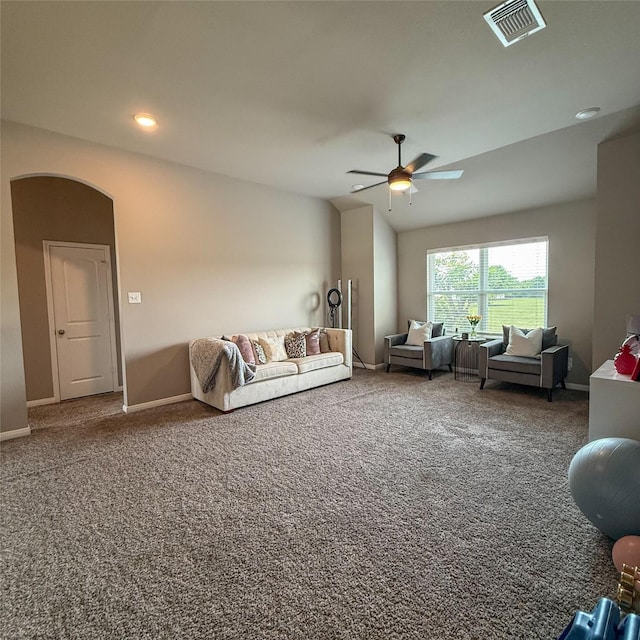 5202 Fallen Tree Dr, Temple, TX 76502 - living area with a ceiling fan, carpet floors, arched walkways, recessed lighting, and baseboards