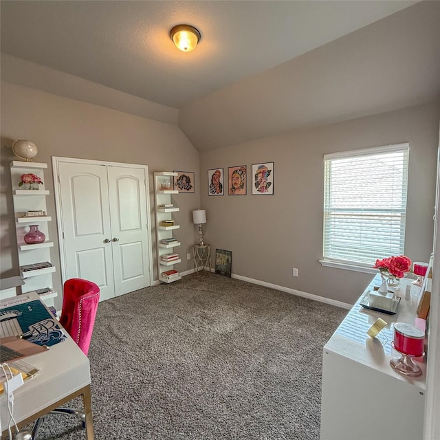 5202 Fallen Tree Dr, Temple, TX 76502 - office featuring carpet, lofted ceiling, and baseboards