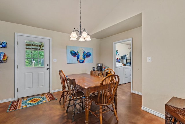 7909 W Fm 1753, Ravenna, TX 75476 - dining room with concrete flooring, washing machine and dryer, a chandelier, baseboards, and vaulted ceiling