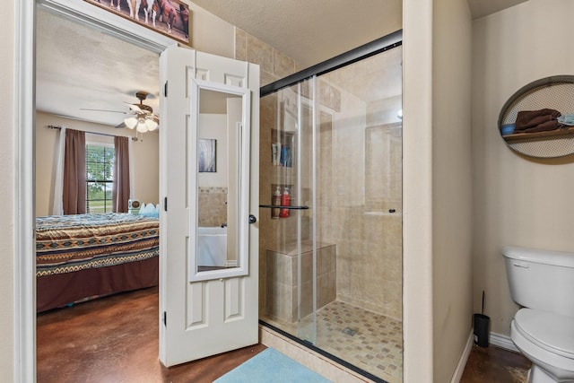 7909 W Fm 1753, Ravenna, TX 75476 - bathroom featuring ensuite bath, a shower stall, toilet, a ceiling fan, and finished concrete flooring