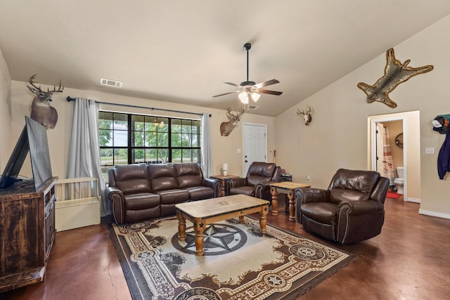 7909 W Fm 1753, Ravenna, TX 75476 - living room with concrete flooring, lofted ceiling, and a ceiling fan