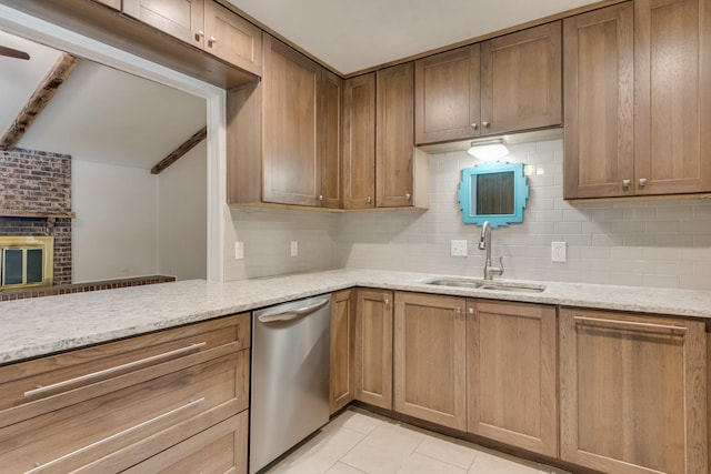 926 Meadowbrook Dr, Grapevine, TX 76051 - kitchen with dishwasher, a sink, tasteful backsplash, light stone counters, and light tile patterned floors