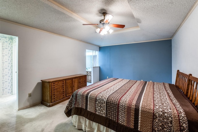 2512 Shadow Lane Dr, Mckinney, TX 75072 - bedroom featuring a textured ceiling, ornamental molding, light carpet, and ceiling fan