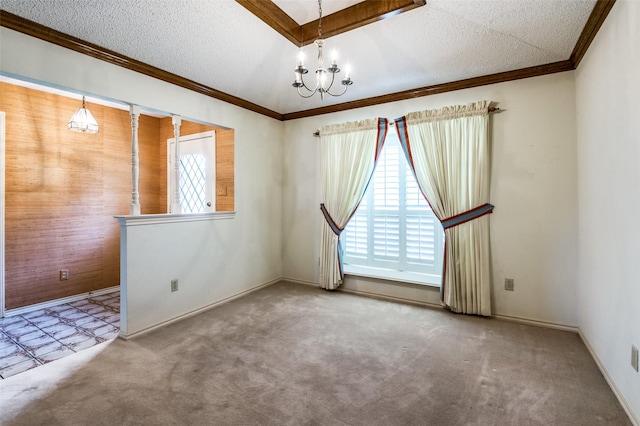 2512 Shadow Lane Dr, Mckinney, TX 75072 - unfurnished room with a chandelier, crown molding, a textured ceiling, carpet, and baseboards