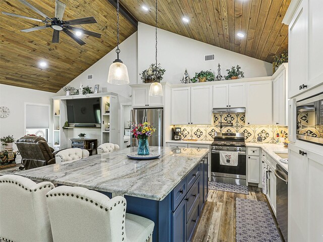 6025 Fm 902, Gainesville, TX 76240 - kitchen featuring stainless steel appliances, dark wood finished floors, white cabinetry, high vaulted ceiling, and a kitchen bar