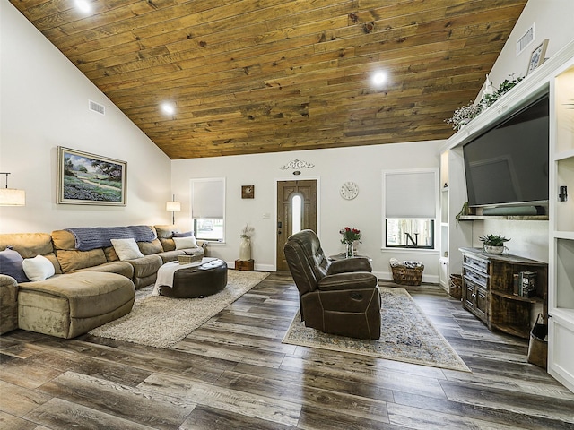 6025 Fm 902, Gainesville, TX 76240 - living area with wood ceiling, high vaulted ceiling, dark wood-type flooring, recessed lighting, and baseboards