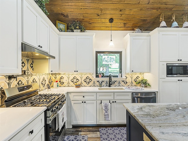 6025 Fm 902, Gainesville, TX 76240 - kitchen with stainless steel appliances, under cabinet range hood, a sink, white cabinetry, and wooden ceiling