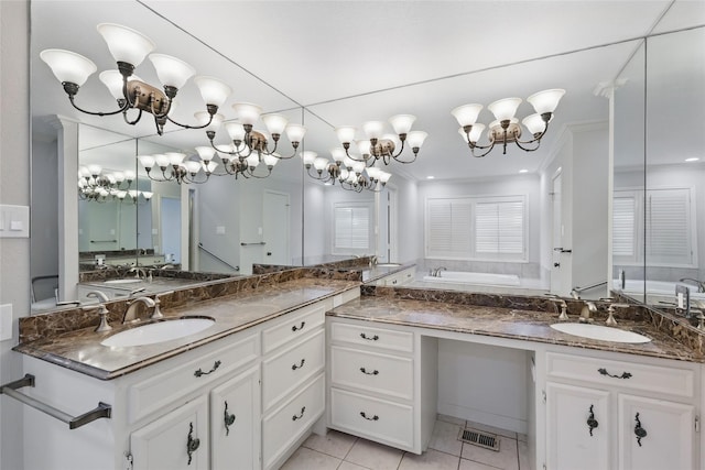 202 Rainbow Cir, Rockwall, TX 75032 - bathroom with tile patterned floors, a chandelier, vanity, a bath, and crown molding