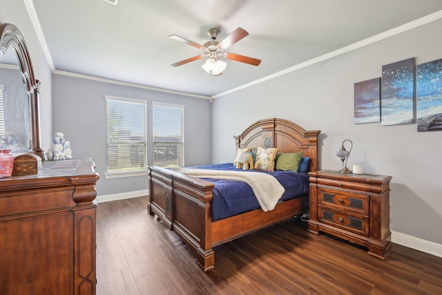15605 Weymouth Dr, Frisco, TX 75036 - bedroom with dark wood finished floors, baseboards, crown molding, and a ceiling fan
