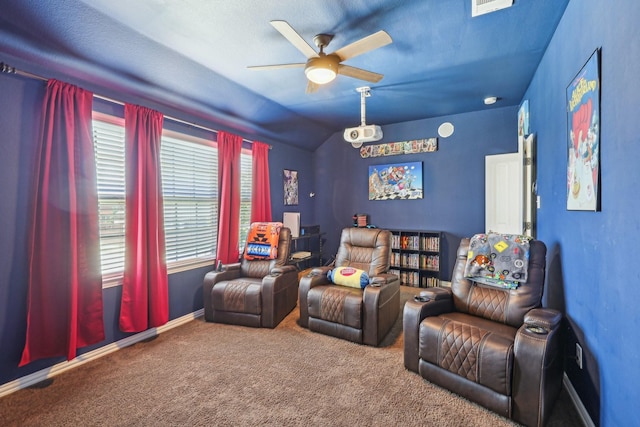 15605 Weymouth Dr, Frisco, TX 75036 - living area with a ceiling fan, carpet, lofted ceiling, and baseboards