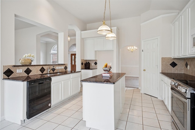 1221 Old Oak Trl, Flower Mound, TX 75028 - kitchen featuring black dishwasher, stainless steel electric range oven, tasteful backsplash, a sink, and a center island