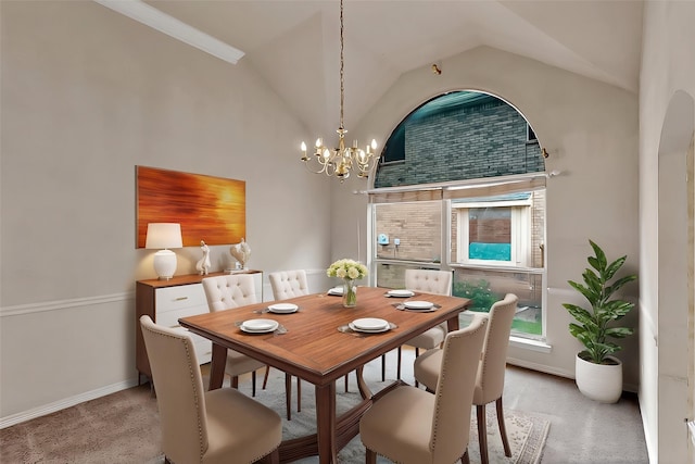 1221 Old Oak Trl, Flower Mound, TX 75028 - dining space featuring a chandelier, baseboards, lofted ceiling, and arched walkways