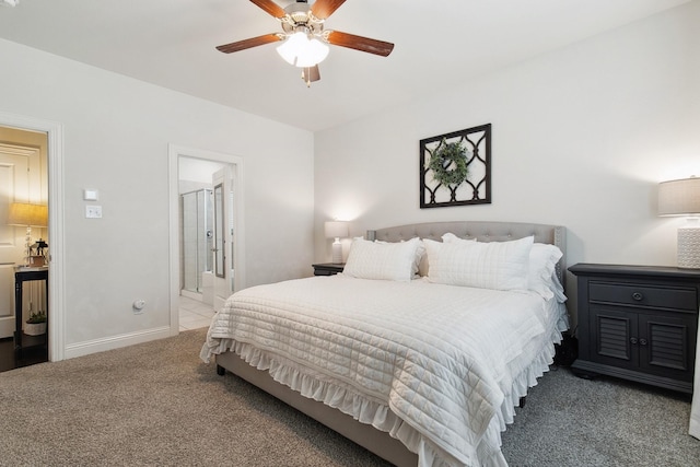 7205 Wildflower Way, Little Elm, TX 76227 - carpeted bedroom with ensuite bath, baseboards, and a ceiling fan