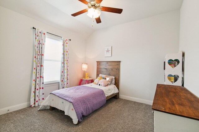 7205 Wildflower Way, Little Elm, TX 76227 - bedroom featuring carpet floors, lofted ceiling, baseboards, and a ceiling fan