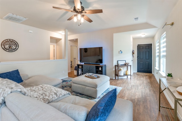 3504 Robin Rd, Ennis, TX 75119 - living room with a ceiling fan, wood finished floors, and baseboards