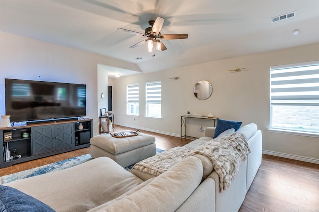 3504 Robin Rd, Ennis, TX 75119 - living room with baseboards, a ceiling fan, and wood finished floors