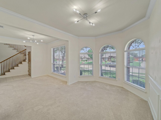 348 Kansas Trl, Murphy, TX 75094 - unfurnished room featuring a chandelier, light colored carpet, ornamental molding, stairs, and baseboards