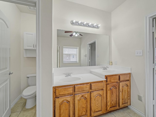 348 Kansas Trl, Murphy, TX 75094 - bathroom featuring tile patterned floors, double vanity, toilet, a ceiling fan, and baseboards