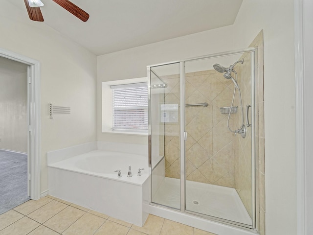 348 Kansas Trl, Murphy, TX 75094 - full bathroom featuring a bath, tile patterned flooring, a shower stall, and ceiling fan