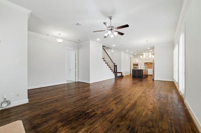 unfurnished living room featuring a chandelier, ceiling fan, dark wood-style flooring, baseboards, and recessed lighting
