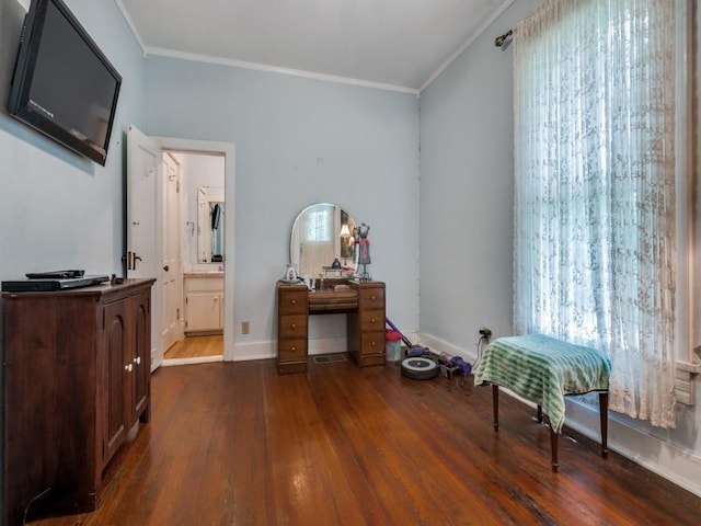 320 S Ward St, Italy, TX 76651 - living area with ornamental molding, dark wood finished floors, and baseboards